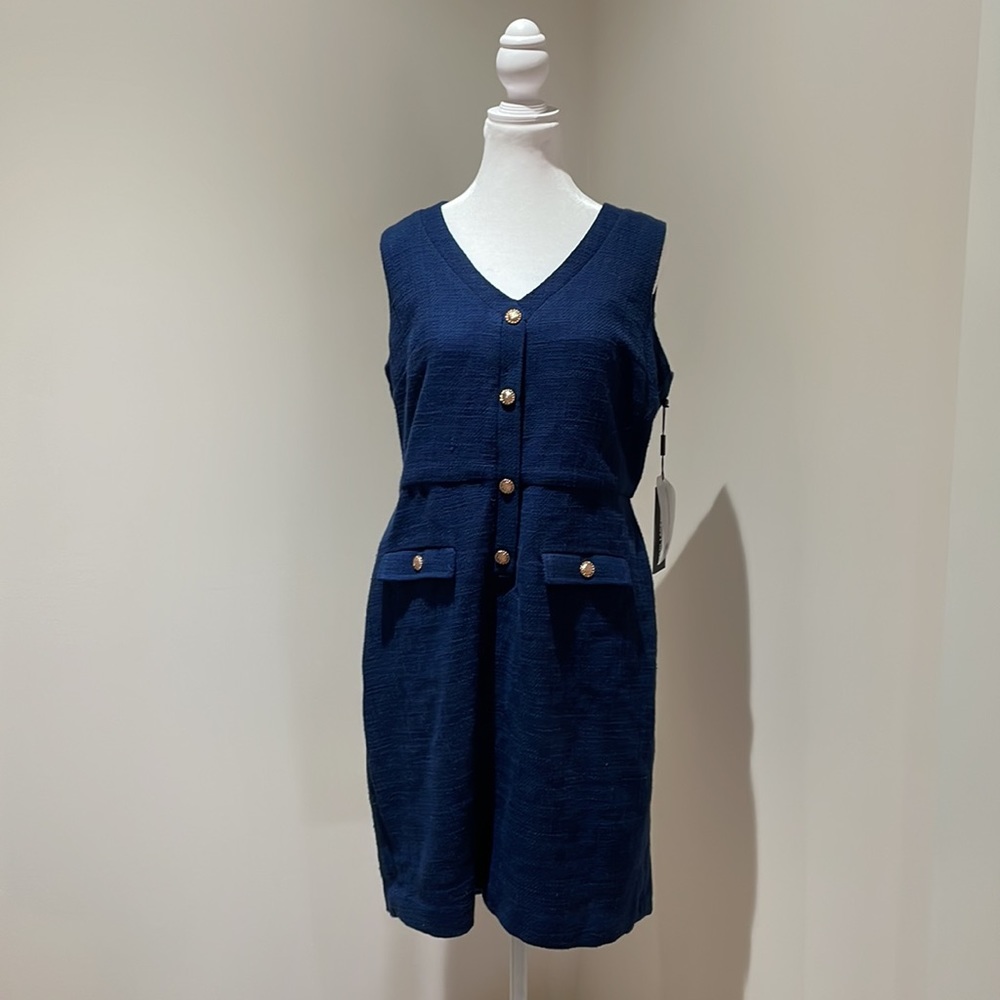 New Karl Lagerfeld Navy and Gold Button Dress Size 14